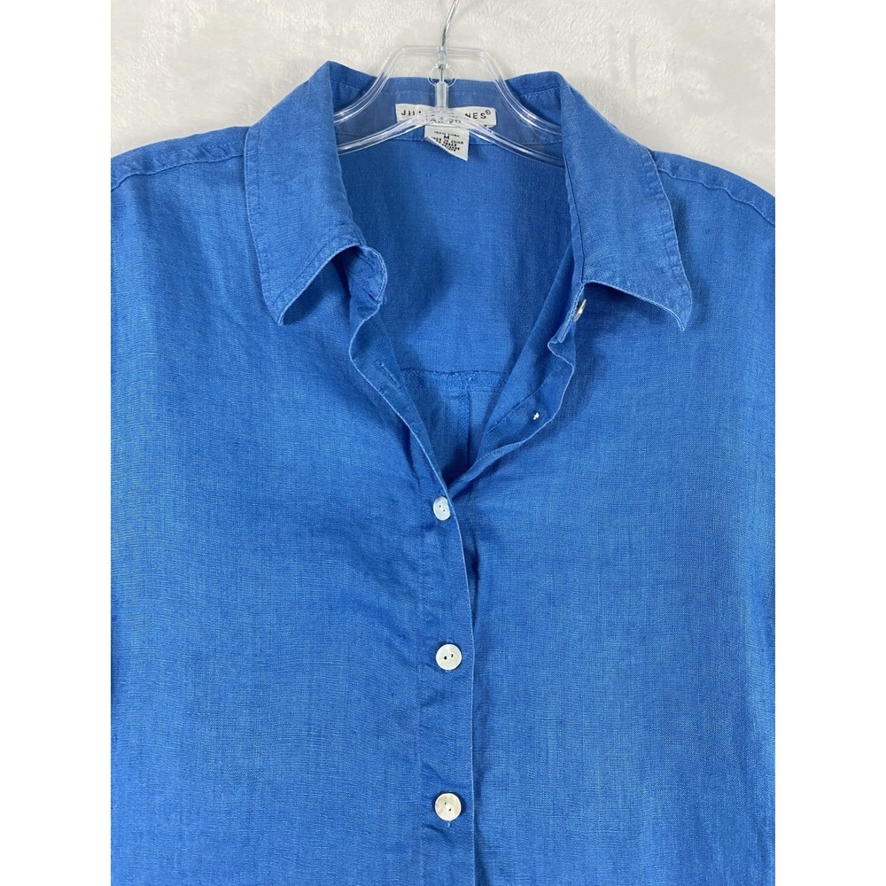 2/$30 Jillian Jones 100% Linen Shirt M Blue Button Front 3/4 Sleeve Lagen - Picture 9 of 14